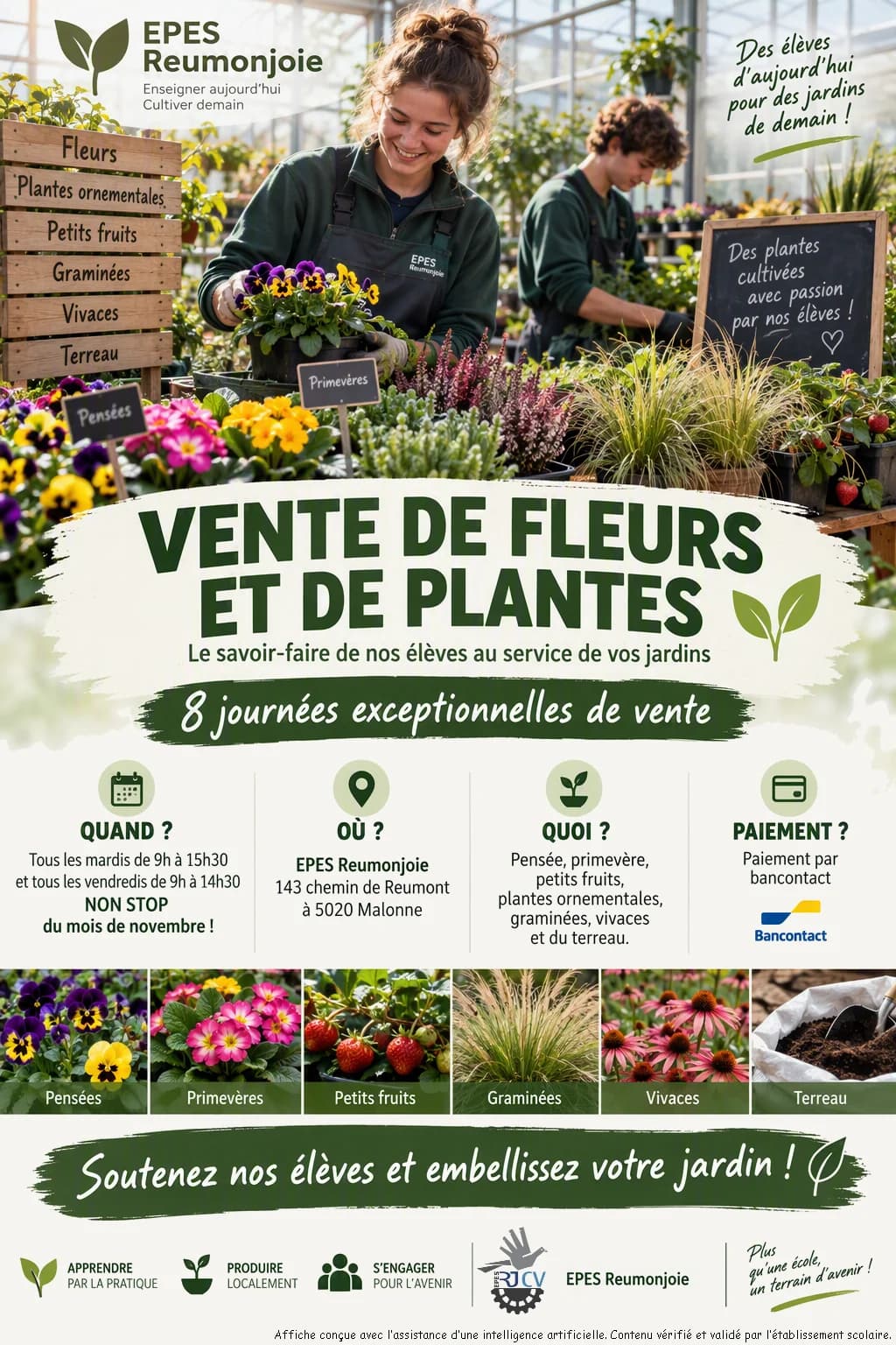 Affiche de la vente de fleurs et de plantes de l'EPES Reumonjoie : tous les mardis de 9h à 15h30 et tous les vendredis de 9h à 14h30 en novembre, 143 chemin de Reumont à Malonne
