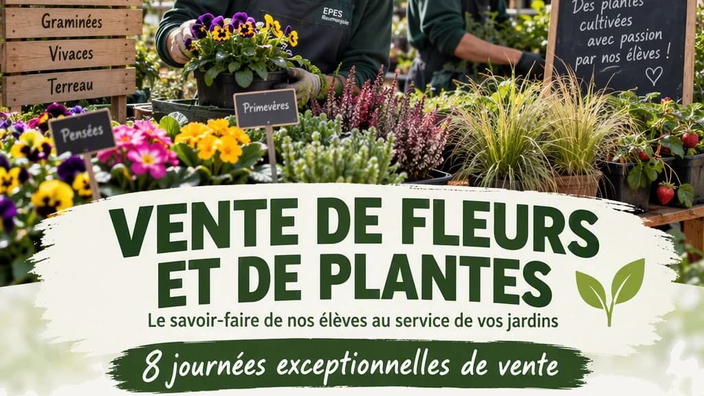 Fleurs et plantes cultivées par les élèves, avec le titre de l'affiche : vente de fleurs et de plantes, 8 journées exceptionnelles de vente